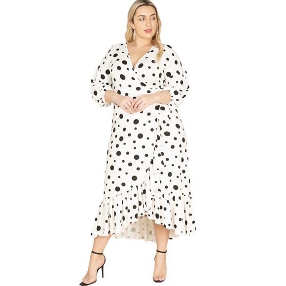 Large Black and white polkadot wrap style dress w ruffle hemline, bell sleeves - Picture 2 of 5